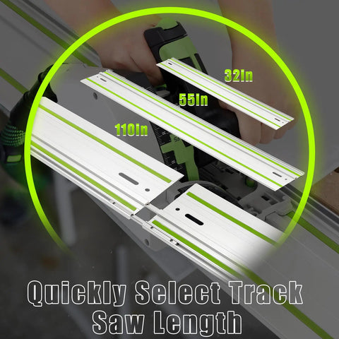 Ultra Precision 110 Inch Track Saw Guide Rail With Locking Connector shows 110in, 55in, and 32in tracks for seamless cuts.