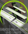 One Ten Inch Track Saw Guide Rail With Connector Kit For Precision Rip Cuts And Straight Edge Woodworking Gear showing 32in, 55in, and 110in aluminum rails.