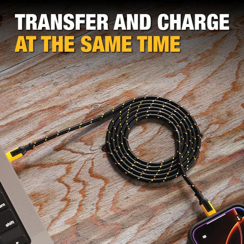 Ultra Durable USB A To Lightning Cable Apple MFi Certified on wooden table with devices, coiled and Kevlar reinforced, 4Ft size