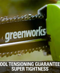 Close-up of 40V Polesaw showing 8-inch bar and chain with 'greenworks' logo, demonstrating easy chain tension feature.