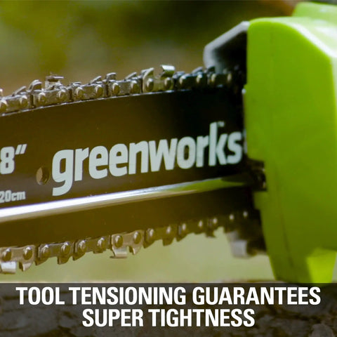Close-up of 40V Polesaw showing 8-inch bar and chain with 'greenworks' logo, demonstrating easy chain tension feature.
