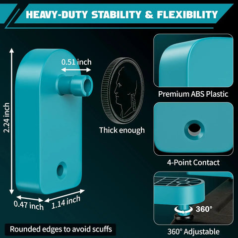 Charger Mount Holder For 18V Cordless Chargers DC18RC DC18RD DC18RA DC18RF DC18SC DCB18SD DC18SF Open Frame Wall Mount With Heat Dissipation Detachable Corner Support 8 Pack, cyan ABS plastic, dimensions and features, 360° adjustable.
