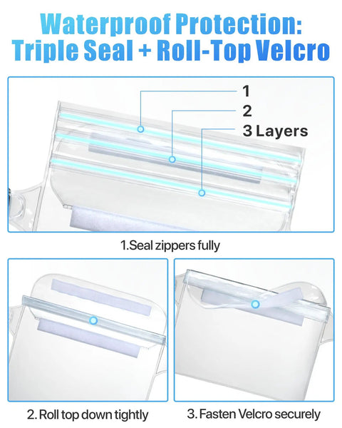 Waterproof Fanny Pack Pouch for Beach and Cruise Trips with roll top closure, triple zippers, and Velcro seal for waterproof protection.