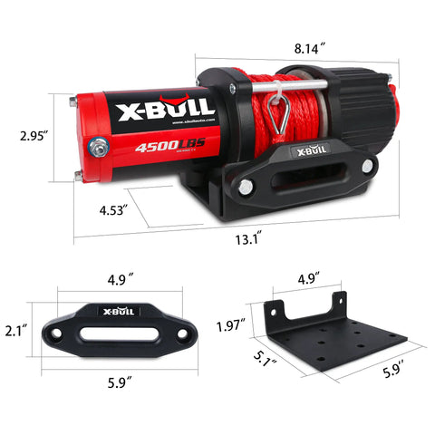 Dimensions and components of Heavy Duty 4500 Lb 12V Electric Winch Kit with Waterproof Synthetic Rope 50 ft for ATV UTV