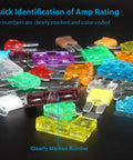 Keep Your Daily Driver Running Smooth With This Nifty 408 Piece Standard Mini And Micro2 Blade Fuse Assortment Kit Featuring Slick Color Coded Replacement Fuses For Fast Fixes On Cars Trucks Rvs And Boats With Puller, colorful fuses with visible amp ratings.