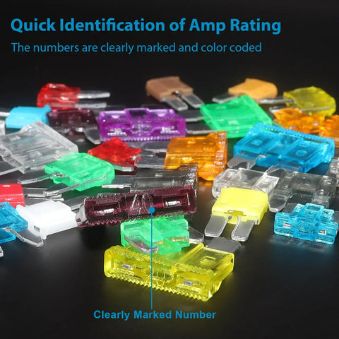 Keep Your Daily Driver Running Smooth With This Nifty 408 Piece Standard Mini And Micro2 Blade Fuse Assortment Kit Featuring Slick Color Coded Replacement Fuses For Fast Fixes On Cars Trucks Rvs And Boats With Puller, colorful fuses with visible amp ratings.