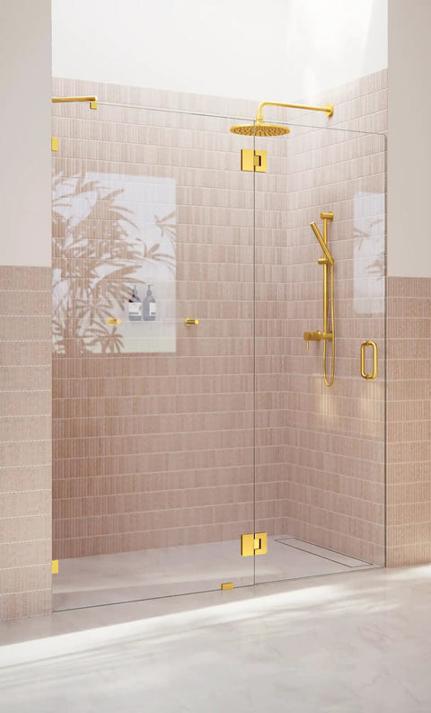 Frameless Shower Door Hinge With Enduroshield Glass Coating, Polished Brass Finish, Heavy Duty Pivot Hardware For 78 Inch By 60.5 Inch Shower Enclosures, No Fuss Install, Durable Glass Door Hardware, Sleek Modern Look on glass shower enclosure