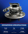 Heavy Duty Front Wheel Hub And Bearing Assembly compatible with 2004 through 2008 Chevy Colorado and GMC Canyon RWD Trucks with specifications visible.