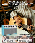 Musician playing guitar with 10W Portable Acoustic Guitar Amp With Dual One Quarter Inch Inputs For Guitar And Microphone, blue.