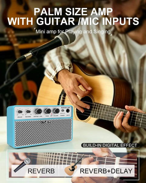 Musician playing guitar with 10W Portable Acoustic Guitar Amp With Dual One Quarter Inch Inputs For Guitar And Microphone, blue.