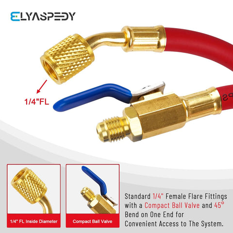 1/4 in ID brass flare hose set with blue lever ball valve; red hoses, 3-pack, ELYASPEEDY.