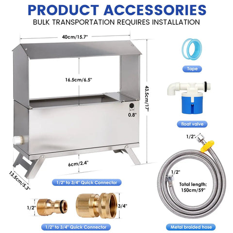 1.6 Gallon Automatic Chicken Waterer, Stainless Steel Poultry Dispenser With Float Valve Kit, includes connectors and hose
