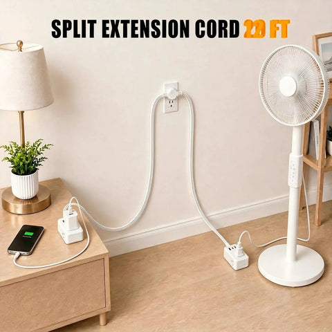 Ditch The Janky Setup With This 12 Ft Twin Extension Cord Offering Three Side Outlets And A Sleek Flat Plug For Zero Plug Fighting And Effortless Fast Charging Anywhere, with lamp and fan.