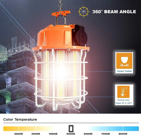 Heavy Duty LED Temporary Work Light 150W 22500 Lumens Hanging Work Light For Construction Workshop Mine Job Site Warehouse IP65 Waterproof DLC ETL Listed