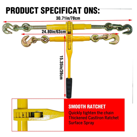 Dimensions of Heavy Duty Ratchet Load Binder and Chain Set 5/16 to 3/8 Inch G80 Chains with 9200 lb WLL shown