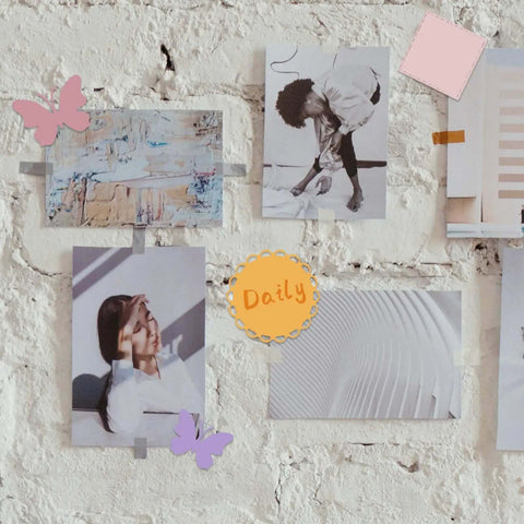 Wall display with photos and butterfly decorations showcasing uses of Five Set Metal Cutting Dies And Stencil Kit With Thirty Two Pcs Templates