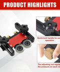 Double Wheel Bearing Stock Roller for Featherboards on Table Saws Router Tables and Band Saws with quick-lock handle and adjusting nut.