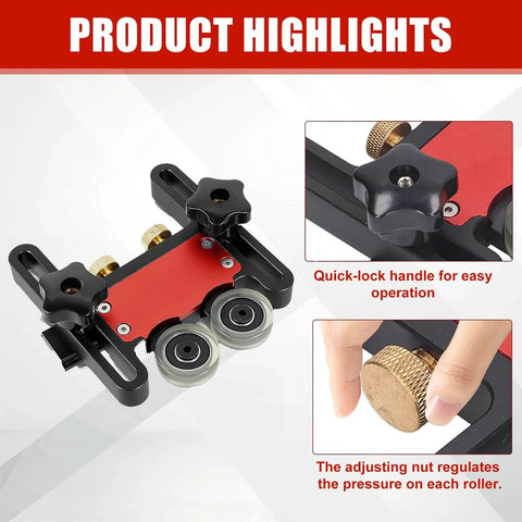 Double Wheel Bearing Stock Roller for Featherboards on Table Saws Router Tables and Band Saws with quick-lock handle and adjusting nut.