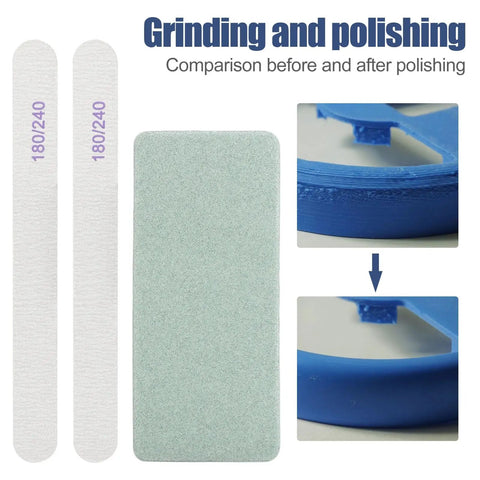 All-In-One 42Pcs 3D Printer Tools Kit For Post-Print Finishing And Cleanup, showing polishing pads and before-after print comparison.