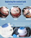 Leakage, crack, and overflow issues of a coolant tank, highlighting Coolant Overflow Reservoir Expansion Recovery Tank Replacement For VW Jetta Golf Passat Beetle And Audi A3 TT Quattro Fits Multiple Models With Easy Install And No Fuss Coolant Return as a solution
