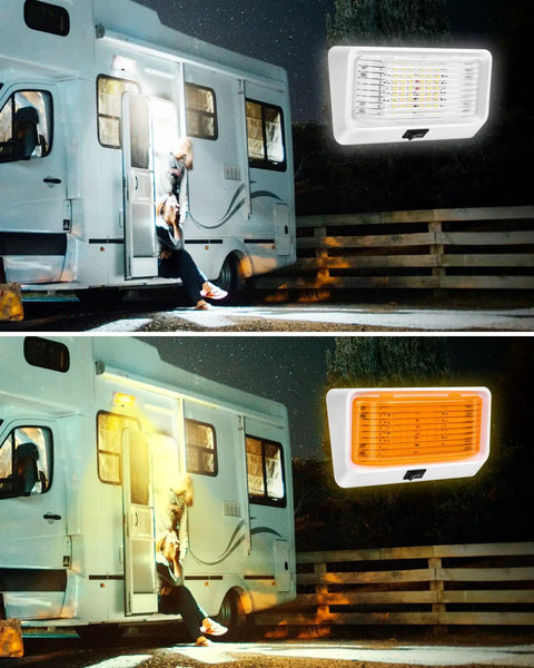 Bright 320 Lumen RV Exterior Porch Light With Switch 12V Replacement LED for campers trailers with clear and amber lenses.