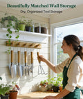 Woman organizing tools on Wood Wall Hook Organizer Garden Tool Set 6-Piece With 5 Dope Wooden Hooks For Wall Mount Rust Proof Outdoor Storage
