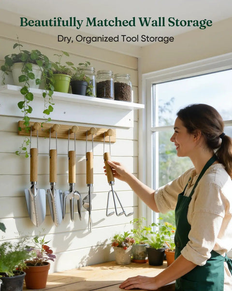 Woman organizing tools on Wood Wall Hook Organizer Garden Tool Set 6-Piece With 5 Dope Wooden Hooks For Wall Mount Rust Proof Outdoor Storage