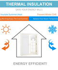 Easy Install French Door Curtain For Double Doors Thermal Insulated Light Blocking Tie Up Shades Energy Efficient 26 By 40 Inches In Pure White 1 Panel With No Drill Adhesive Straps shown on door with thermal insulation graphics