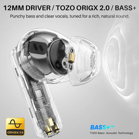 Transparent earbud showing internal structure of Hybrid Active Noise Cancelling Wireless Earbuds with Six Microphones for Crystal Clear Calls 68 Hours Total Playtime LED Display 32 EQ Presets Via App Bluetooth 5.3 IPX8 Waterproof In Ear Headphones.