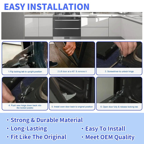 Installation steps for Heavy Duty Oven Door Hinge Replacement for Frigidaire Kenmore Ovens and Ranges shown in kitchen