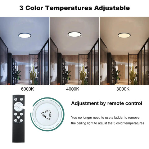 12 Inch Dope Motion Sensor Ceiling Light LED Flush Mount showing 3000K, 4000K, 6000K color temperatures and remote control.