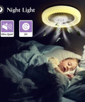 Child sleeping under bladeless 20 inch ceiling fan with remote control lights, 3 color temperatures, 6 speed wind, dimmable LED.