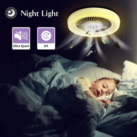 Child sleeping under bladeless 20 inch ceiling fan with remote control lights, 3 color temperatures, 6 speed wind, dimmable LED.