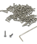 Top Shelf Stainless Steel M2.5 By Ten Millimeter Hex Socket Button Head Cap Screw Bolt Kit with hex key and bolts on white background.