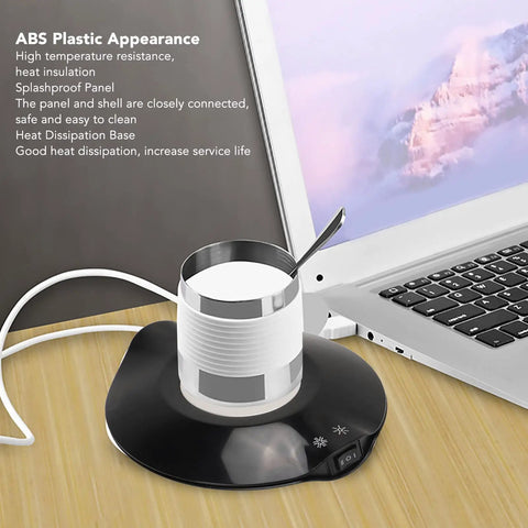 Electric Coffee Mug Warmer With Heating Cooling Cup Mat USB Drink Heater Keeps Your Morning Brew Straight Fire Total Vibe Upgrade For Desk Or Couch Lounge Session, featuring a stainless steel cup on a black heat mat.