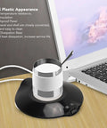 USB Powered Electric Coffee Warmer And Cooler Cup Coaster Legit Dual Temperature Control Base keeping coffee warm on a desk.
