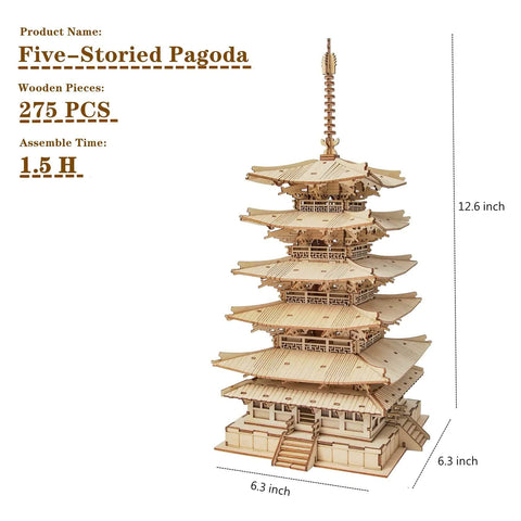 3D Wooden Puzzle Craft Kit for Adults and Kids, Five-Storied Pagoda Model Build, DIY Woodcraft Project, wooden pagoda model with dimensions