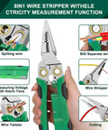 Eight In One Wire Crimping And Stripping Tool With Voltage Detector shown separating wires and measuring voltage.