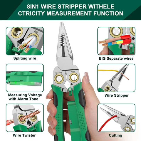Eight In One Wire Crimping And Stripping Tool With Voltage Detector shown separating wires and measuring voltage.