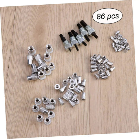 Top Notch 86 Piece Heavy Duty Rivet Nut Kit With M5 M7 M8 Threaded Inserts Perfect For Steel Metal Work, Duct Repair, And Awesome DIY Projects Comes In Sturdy Storage Case For Pros and Amateurs. 86 pcs rivet nuts and install tools on wood floor