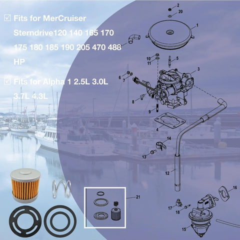 All In One Fuel Filter Kit For MerCruiser Sterndrive Inboard Engines 2.5L 3.0L 3.7L 4.3L Replaces 35-803897Q1 diagram and components