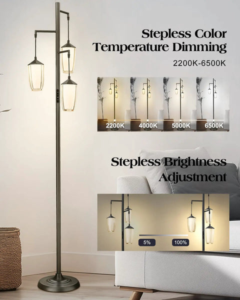 Industrial Dimmable Floor Lamp With Three Light Tree And Metal Cage Shades Farmhouse Vibe Tall 71 Inch Pole Lamp For Living Room Bedroom Office Reading Led Edison Bulbs Included Black showcasing dimming options in a living room setting.