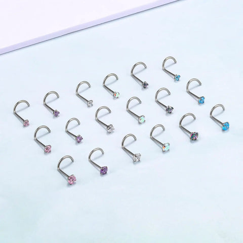 G23 Nano Pure Titanium Nose Studs Pack of 6 with multi-colored CZ ends in 18G and 20G sizes on a light background.