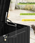 100 Gallon Outdoor Storage Box Waterproof Resin Deck Box opened showing hydraulic hinge and lock for patio furniture