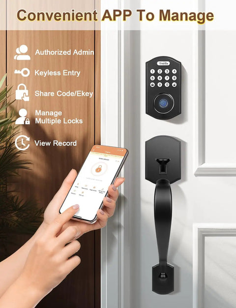 Fingerprint Door Lock Set With Keyless Entry Knob And Lever Handle, Matte Black Electronic Keypad Deadbolt With Auto Lock, Code Door Lock, 2 Keys, No Fuss Installation For Front Doors, All In One Home Security Upgrade showcasing keypad and app control in use