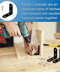Person installing 20 Pieces Stainless Steel L Right Angle Brackets With 1.57 By 1.57 Inch Sides Includes 80 Screws on wood