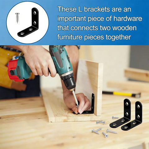 Person installing 20 Pieces Stainless Steel L Right Angle Brackets With 1.57 By 1.57 Inch Sides Includes 80 Screws on wood