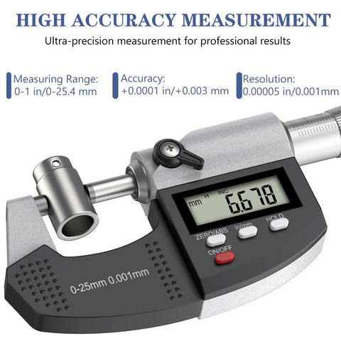 Dual-Mode Outside Micrometer With Digital And Mechanical Readout, Easy Switch, 0-1 Inch And 0-25.4 Mm, Ultra-Precise 0.00005 Inch And 0.001 Mm, Large LCD Display, Pro-Grade Machinist Thickness Gauge With Protective Case close-up