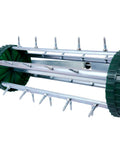 Close-up of Rolling Lawn Aerator With 39 Iron Spikes And 58 Inch Handle showing steel frame and green wheels.
