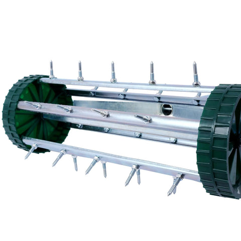 Close-up of Rolling Lawn Aerator With 39 Iron Spikes And 58 Inch Handle showing steel frame and green wheels.